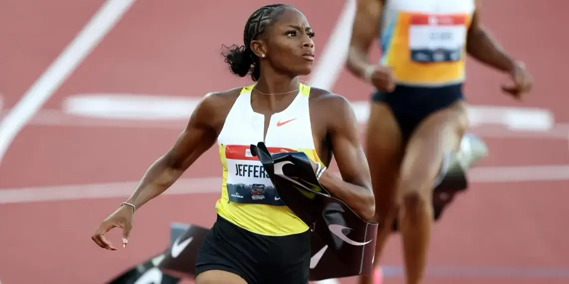 Melissa Jefferson-Wooden Diamond League 100m win in Brussels 2025 crossing finish line