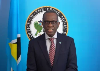 Philip J Pierre Emancipation Day Speech delivered in front of the Office of the Prime Minister seal and Saint Lucia flag