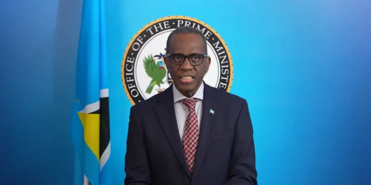 Philip J Pierre Emancipation Day Speech delivered in front of the Office of the Prime Minister seal and Saint Lucia flag