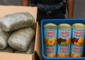 Depiction of Port Castries cannabis seizure with marijuana packages and “dried fruit” tins, August 2025