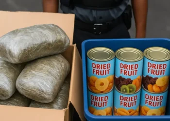 Depiction of Port Castries cannabis seizure with marijuana packages and “dried fruit” tins, August 2025