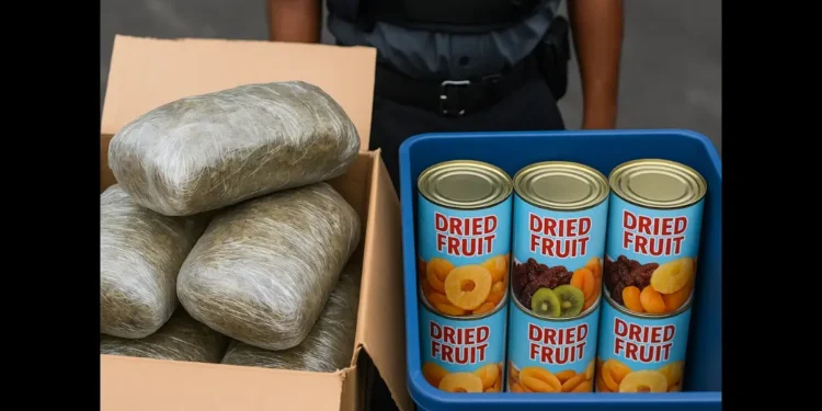 Depiction of Port Castries cannabis seizure with marijuana packages and “dried fruit” tins, August 2025