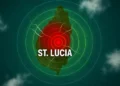 A digital illustration showing St Lucia rattled by 4.4 quake with concentric seismic rings and a red epicenter symbolizing the earthquake.