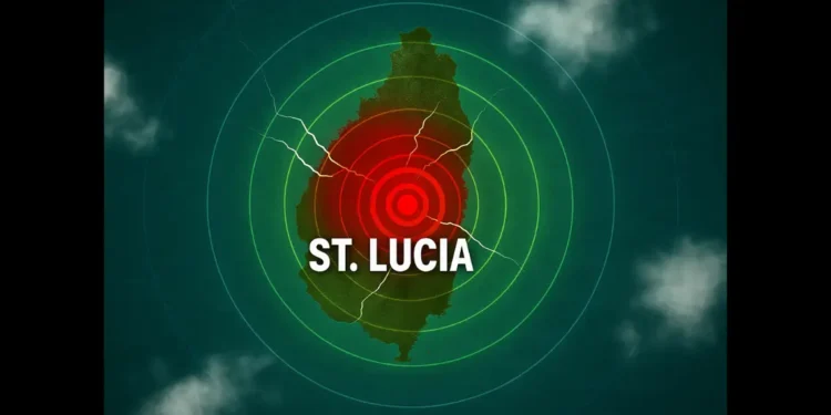 A digital illustration showing St Lucia rattled by 4.4 quake with concentric seismic rings and a red epicenter symbolizing the earthquake.