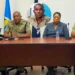 Press conference on St Lucia senior cop sexual misconduct case with inset of accused officer.