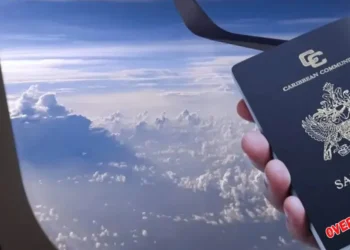 Hand holding a Saint Lucia passport by airplane window, symbolizing St Lucia US visa overstay rate issue.