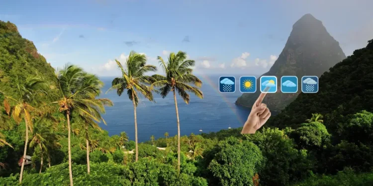 View of St Lucia Pitons with palm trees, rainbow, and weather forecast icons illustrating St Lucia weather August 23 2025.