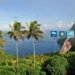 View of St Lucia Pitons with palm trees, rainbow, and weather forecast icons illustrating St Lucia weather August 23 2025.