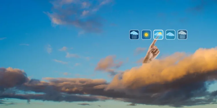 Partly cloudy and hazy skies over St Lucia weather August 26 2025 with digital forecast icons in the sky