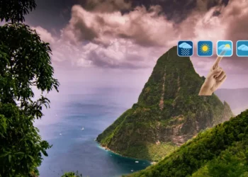 St Lucia Weather August 30 2025: A view of the Pitons under cloudy skies, with weather icons showing mixed sun and showers as tropical waves approach the Eastern Caribbean.