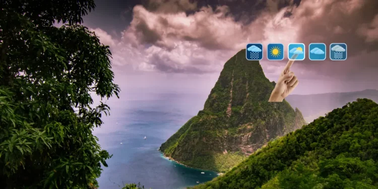 St Lucia Weather August 30 2025: A view of the Pitons under cloudy skies, with weather icons showing mixed sun and showers as tropical waves approach the Eastern Caribbean.