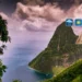 St Lucia Weather August 30 2025: A view of the Pitons under cloudy skies, with weather icons showing mixed sun and showers as tropical waves approach the Eastern Caribbean.
