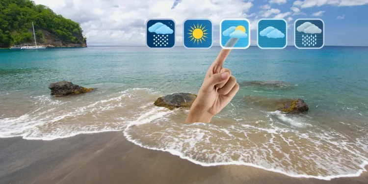 St Lucia weather forecast showing hazy skies and tropical wave conditions over the island coastline
