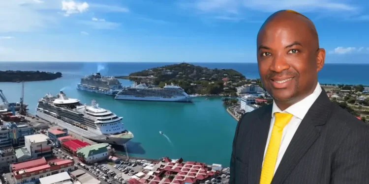 Stephen Fevrier GPH statement: Stephen Fevrier in a suit with a yellow tie, superimposed over Castries harbour with cruise ships docked at Port Castries.