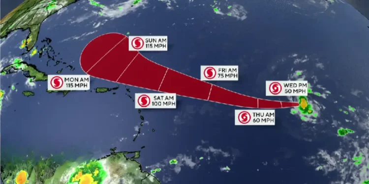 Forecast track of Tropical Storm Erin showing projected path toward the Caribbean