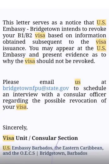 Part of US Embassy notice revoking Dax Norville’s visa amid St Lucia visa fraud scandal review