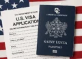 Saint Lucia passport and U.S. visa application form on American flag background, illustrating the end of the US visa interview waiver.