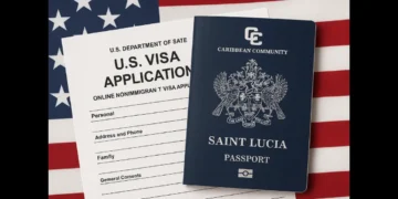 Saint Lucia passport and U.S. visa application form on American flag background, illustrating the end of the US visa interview waiver.
