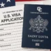 Saint Lucia passport and U.S. visa application form on American flag background, illustrating the end of the US visa interview waiver.