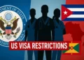 Illustration for news story on US Visa Restrictions showing State Department seal, medical worker silhouettes, and flags of Cuba, Grenada, and Africa.