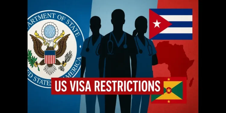 Illustration for news story on US Visa Restrictions showing State Department seal, medical worker silhouettes, and flags of Cuba, Grenada, and Africa.