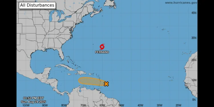 Map from the National Hurricane Center showing Windward Islands tropical disturbance with 40% cyclone risk on August 24, 2025