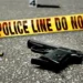 Illustrative crime scene with police tape, handgun and casings, for coverage of the Active Hill La Clery shooting.