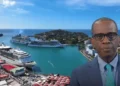Philip J Pierre with Port Castries in background, illustrating the failing state of governance in St Lucia under his SLP rule.