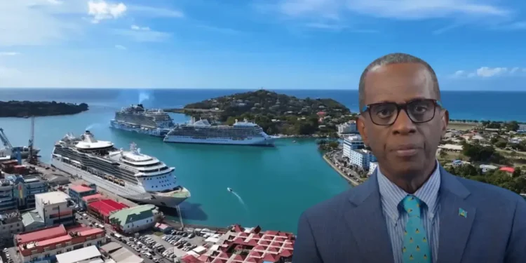 Philip J Pierre with Port Castries in background, illustrating the failing state of governance in St Lucia under his SLP rule.