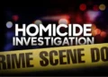 Graphic of homicide investigation with crime scene tape, used in report on Grande Ravine Dennery shootings.