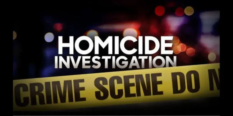 Graphic of homicide investigation with crime scene tape, used in report on Grande Ravine Dennery shootings.