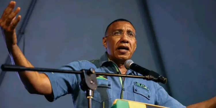 Prime Minister Andrew Holness speaks during the Jamaica Labour Party election campaign as Jamaicans vote in tight election 2025.