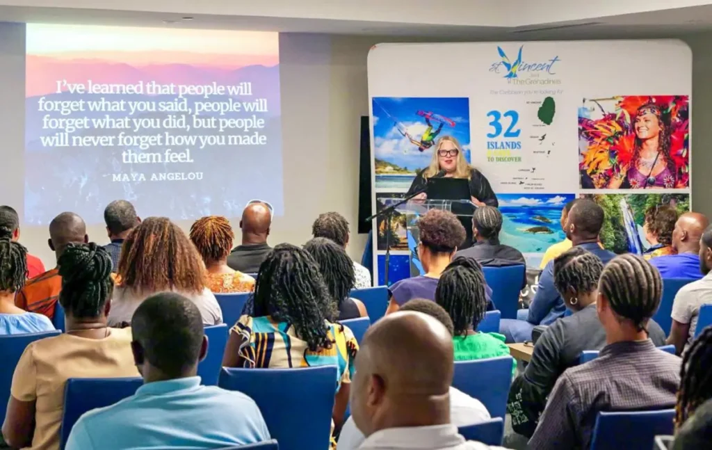 Melanie Colpits of Aquila leads sustainable cruise tourism training session in St. Vincent and the Grenadines with local operators in attendance.