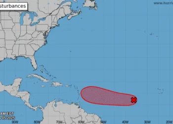 National Hurricane Center map showing tropical disturbance AL91 in the eastern Atlantic with projected path toward the Lesser Antilles.