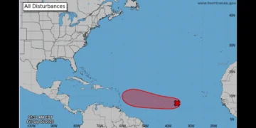 National Hurricane Center map showing tropical disturbance AL91 in the eastern Atlantic with projected path toward the Lesser Antilles.