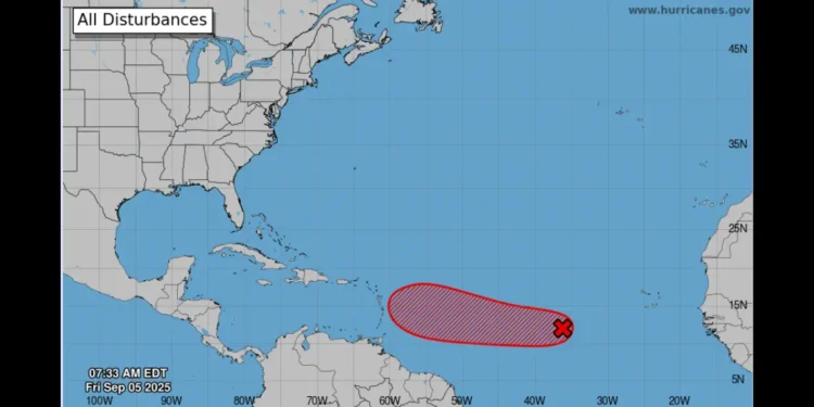 National Hurricane Center map showing tropical disturbance AL91 in the eastern Atlantic with projected path toward the Lesser Antilles.