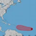 National Hurricane Center map showing tropical disturbance AL91 in the eastern Atlantic with projected path toward the Lesser Antilles.