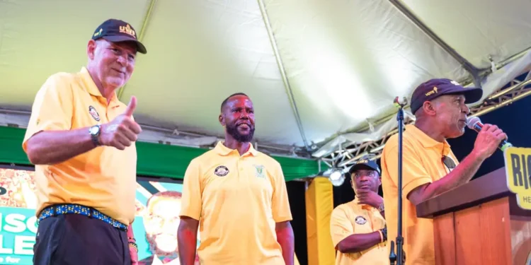Allen Chastanet and UWP candidate Benson Emile at the Micoud North rally unveiling the UWP SOS 7 rescue plan for St Lucia