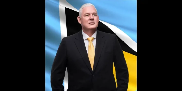 Allen Chastanet COVID-19 leadership depicted as he stands confidently before the Saint Lucian flag in a suit and yellow tie