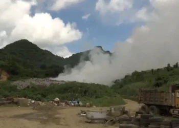 Thick smoke rising from the Deglos landfill fire in St Lucia, October 2025