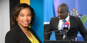 Side-by-side image: Marcella Johnson slams SLP over unmet Gros Islet promises, pictured alongside incumbent MP Kenson Casimir.