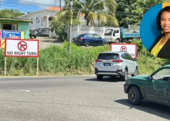 UWP candidate Marcella Johnson overlaid on Gros Islet Corinth back road scene where No Right Turn signs sparked commuter backlash