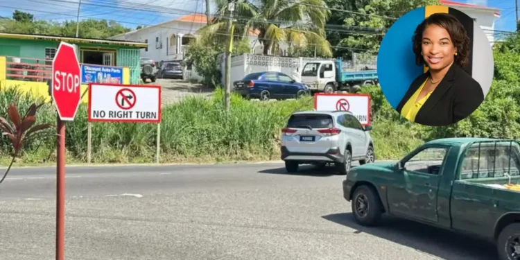 UWP candidate Marcella Johnson overlaid on Gros Islet Corinth back road scene where No Right Turn signs sparked commuter backlash