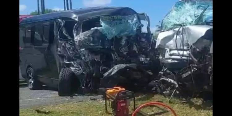 Vieux Fort crash scene showing damaged vehicles after a three-vehicle collision near Hewanorra International Airport in St Lucia.