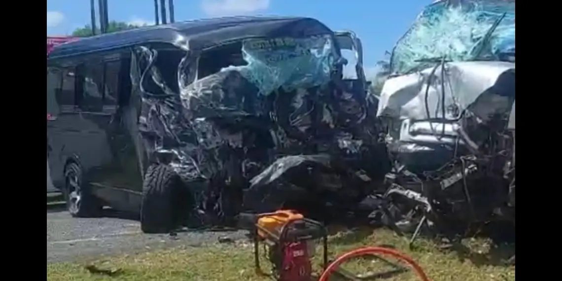Vieux Fort crash scene showing damaged vehicles after a three-vehicle collision near Hewanorra International Airport in St Lucia.