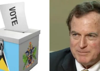 St Lucia election scandal image showing national ballot box beside foreign analyst.