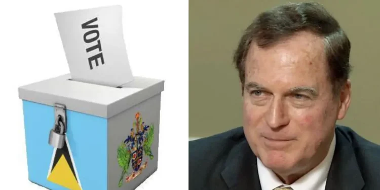 St Lucia election scandal image showing national ballot box beside foreign analyst.