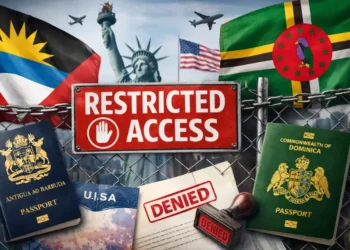 Graphic depicting U.S. travel restrictions involving Antigua and Barbuda and Dominica passports