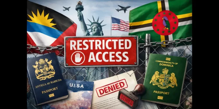 Graphic depicting U.S. travel restrictions involving Antigua and Barbuda and Dominica passports