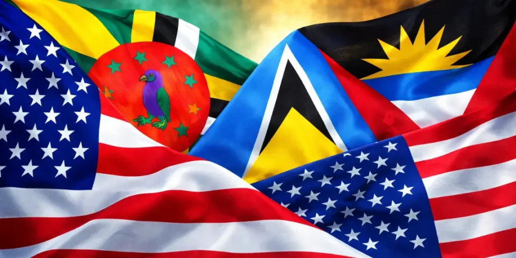Flags of Dominica, Saint Lucia, Antigua and Barbuda displayed alongside the United States flag during a regional diplomacy context